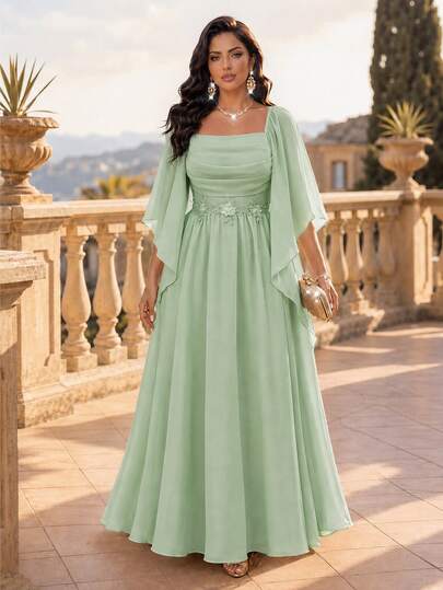 Auveirra Vestido Elegante Plus Size Feminino com Decote Quadrado e Aplicação Decorativa na Cintura