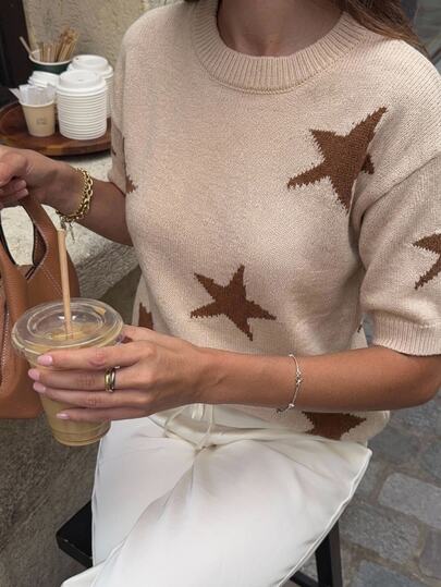 Serisse Women's Casual Retro Vintage 70s Star Pattern Knit Top, Fall Outfit Brunch Beige