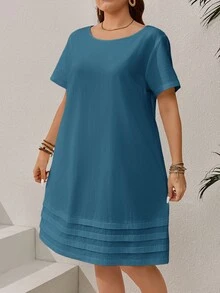 Rosumi 大尺碼純色短袖休閒度假洋裝，夏季女裝，熱帶度假女款 - 水鴨藍 - 查看 6