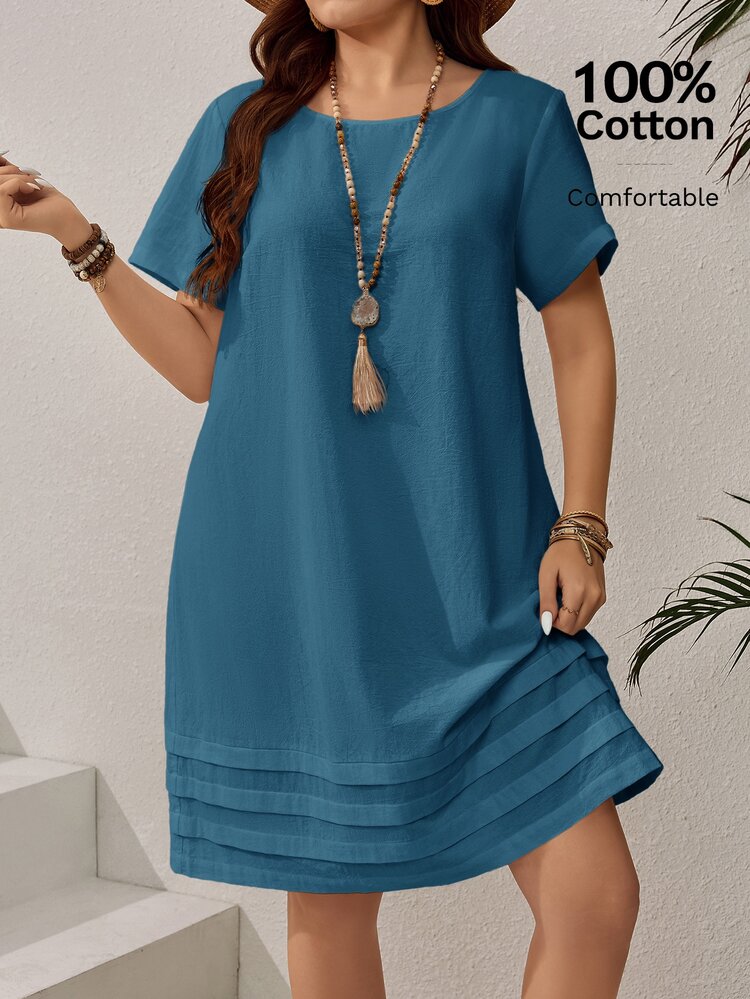 Rosumi Plus Size Solid Color Short Sleeve Casual Vacation Dress, Summer Outfits For Women, Tropical Vacation Woman - Teal Blue - View 7