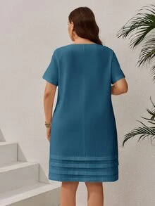 Rosumi 大尺碼純色短袖休閒度假洋裝，夏季女裝，熱帶度假女款 - 水鴨藍 - 查看 2