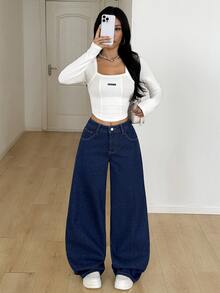 SHEIN ICON 女款寬鬆寬腿休閒百搭牛仔褲，附口袋 - 藍色 - 查看 4