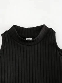 SHEIN 女童少女純色立領鏤空肩休閒T恤，復古羊腿袖上衣 - 黑色 - 查看 6