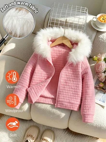 SHEIN Young Girl 3D Pattern Ruffle Trim Zip Up Hooded Jacket,Autumn Winter. Fall - Pink - View 1