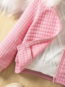 SHEIN Young Girl 3D Pattern Ruffle Trim Zip Up Hooded Jacket,Autumn Winter. Fall - Pink - View 5