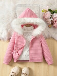 SHEIN Young Girl 3D Pattern Ruffle Trim Zip Up Hooded Jacket,Autumn Winter. Fall - Pink - View 3