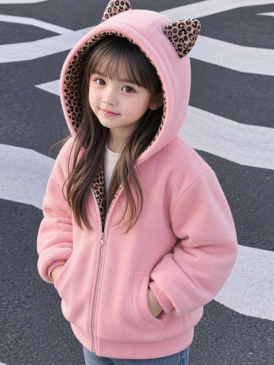 SHEIN 女童純色連帽衛衣,粉色,冬季,學校,返校季 - 粉色 - 查看 1