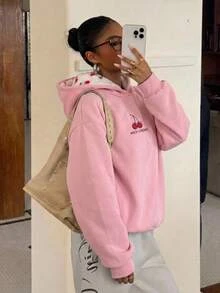 SHEIN 青少年女孩粉色櫻桃圖案保暖抓絨內裡長袖衛衣，秋季上衣，舒適保暖，可愛Y2K校園風套頭衫 - 粉色 - 查看 4