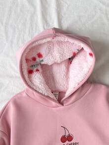 SHEIN 青少年女孩粉色櫻桃圖案保暖抓絨內裡長袖衛衣，秋季上衣，舒適保暖，可愛Y2K校園風套頭衫 - 粉色 - 查看 5