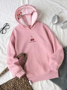 SHEIN 青少年女孩粉色櫻桃圖案保暖抓絨內裡長袖衛衣，秋季上衣，舒適保暖，可愛Y2K校園風套頭衫 - 粉色 - 查看 3
