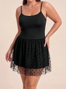 SHEIN Rhythm Era Women Plus Size Patchwork Polka Dot Mesh Ruffle Hem Cami Sports Dress - Black - View 3