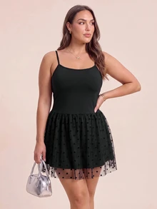 SHEIN Rhythm Era Women Plus Size Patchwork Polka Dot Mesh Ruffle Hem Cami Sports Dress - Black - View 4