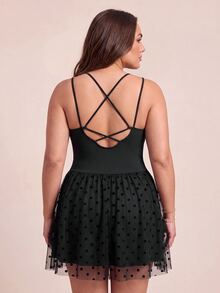 SHEIN Rhythm Era Women Plus Size Patchwork Polka Dot Mesh Ruffle Hem Cami Sports Dress - Black - View 2
