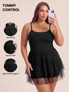 SHEIN Rhythm Era Women Plus Size Patchwork Polka Dot Mesh Ruffle Hem Cami Sports Dress - Black - View 1