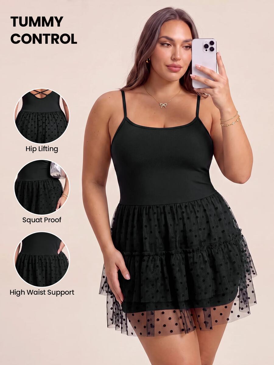 SHEIN Rhythm Era Women Plus Size Patchwork Polka Dot Mesh Ruffle Hem Cami Sports Dress - Black - View 1