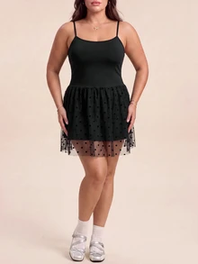 SHEIN Rhythm Era Women Plus Size Patchwork Polka Dot Mesh Ruffle Hem Cami Sports Dress - Black - View 5