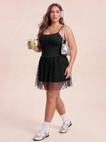 SHEIN Rhythm Era Women Plus Size Patchwork Polka Dot Mesh Ruffle Hem Cami Sports Dress - Black - View 7