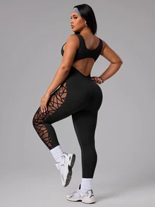 SHEIN Sports 大尺碼女款幾何網格拼接連身褲 - 黑色 - 查看 2