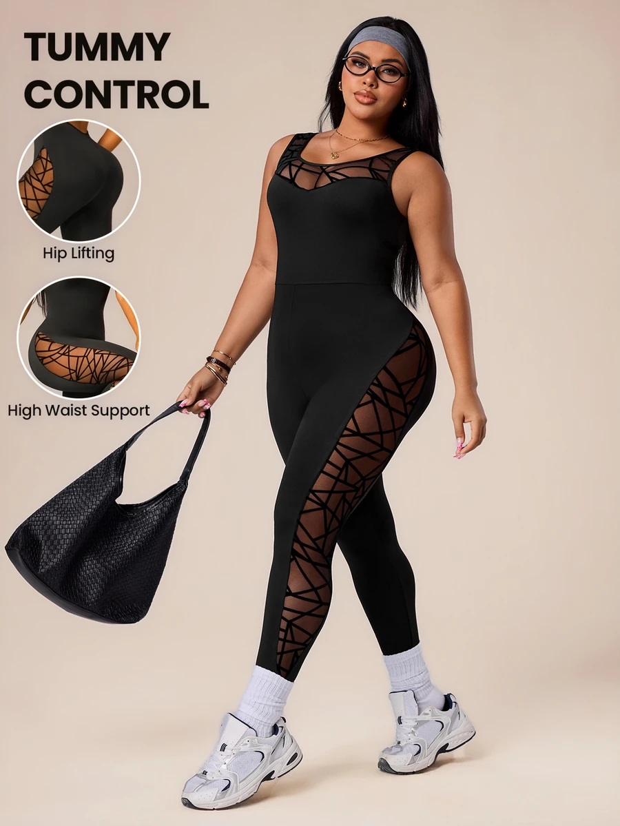 SHEIN Sports 大尺碼女款幾何網格拼接連身褲 - 黑色 - 查看 1