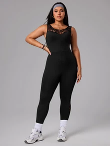 SHEIN Sports 大尺碼女款幾何網格拼接連身褲 - 黑色 - 查看 4