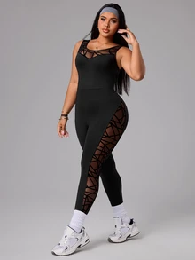 SHEIN Sports 大尺碼女款幾何網格拼接連身褲 - 黑色 - 查看 7