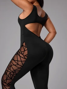 SHEIN Sports 大尺碼女款幾何網格拼接連身褲 - 黑色 - 查看 6
