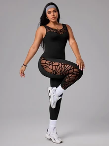 SHEIN Sports 大尺碼女款幾何網格拼接連身褲 - 黑色 - 查看 3