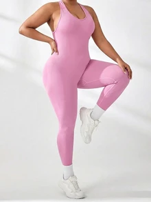 SHEIN Rhythm Era Women's Plus Size Solid Color Casual Daily Travel Sports Jumpsuit - Pink - View 4