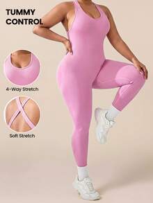 SHEIN Rhythm Era Women's Plus Size Solid Color Casual Daily Travel Sports Jumpsuit - Pink - View 1