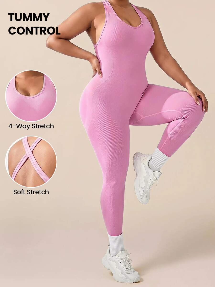 SHEIN Rhythm Era Women's Plus Size Solid Color Casual Daily Travel Sports Jumpsuit - Pink - View 1