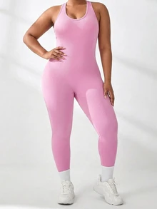 SHEIN Rhythm Era Women's Plus Size Solid Color Casual Daily Travel Sports Jumpsuit - Pink - View 3