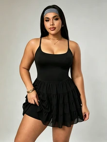SHEIN Dewbera 大码纯色吊带露背连衣裙 - 黑色 - 查看 4