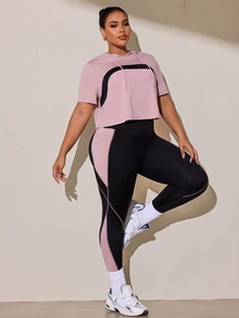 SHEIN Rhythm Era 女款大尺碼運動瑜伽戶外健身訓練套裝，抽繩連帽無袖運動衫搭配弧形胸部設計，對比色側邊X線條細節手機口袋緊身褲 - 彩色 - 查看 5