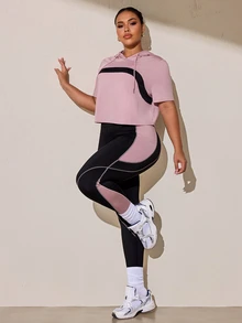 SHEIN Rhythm Era 女款大尺碼運動瑜伽戶外健身訓練套裝，抽繩連帽無袖運動衫搭配弧形胸部設計，對比色側邊X線條細節手機口袋緊身褲 - 彩色 - 查看 6