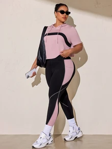 SHEIN Rhythm Era 女款大尺碼運動瑜伽戶外健身訓練套裝，抽繩連帽無袖運動衫搭配弧形胸部設計，對比色側邊X線條細節手機口袋緊身褲 - 彩色 - 查看 7