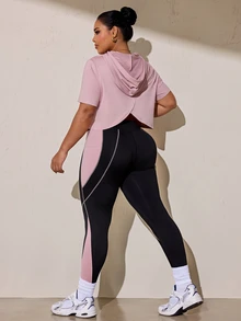 SHEIN Rhythm Era 女款大尺碼運動瑜伽戶外健身訓練套裝，抽繩連帽無袖運動衫搭配弧形胸部設計，對比色側邊X線條細節手機口袋緊身褲 - 彩色 - 查看 3