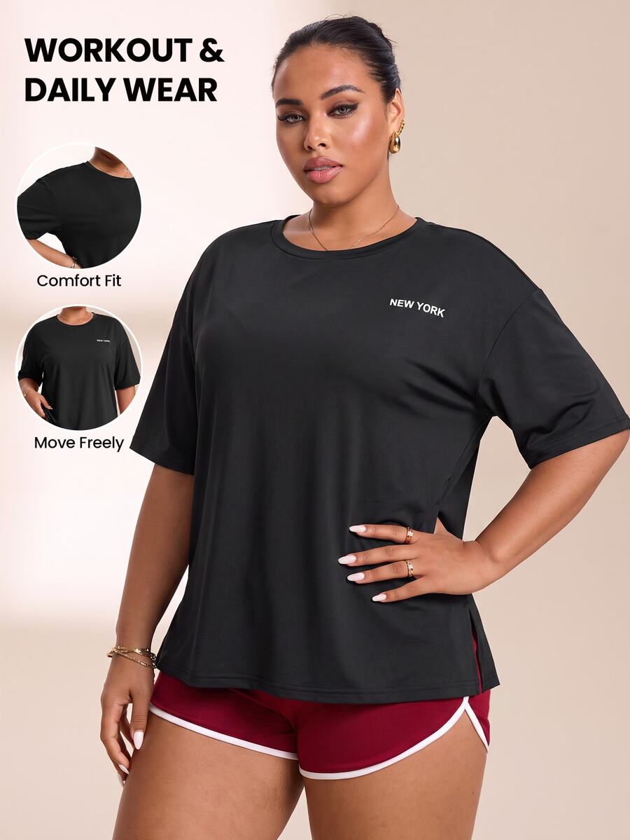 SHEIN Rhythm Era Women's Plus Size Side Slit Short Sleeve Sports T-Shirt Gym Sports Black And White Summer - Black - View 1