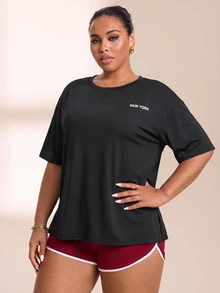 SHEIN Rhythm Era Women's Plus Size Side Slit Short Sleeve Sports T-Shirt Gym Sports Black And White Summer - Black - View 6