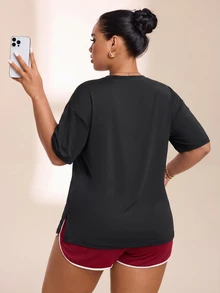 SHEIN Rhythm Era Women's Plus Size Side Slit Short Sleeve Sports T-Shirt Gym Sports Black And White Summer - Black - View 2