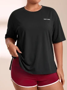 SHEIN Rhythm Era Women's Plus Size Side Slit Short Sleeve Sports T-Shirt Gym Sports Black And White Summer - Black - View 5