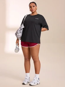 SHEIN Rhythm Era Women's Plus Size Side Slit Short Sleeve Sports T-Shirt Gym Sports Black And White Summer - Black - View 3