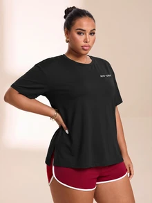 SHEIN Rhythm Era Women's Plus Size Side Slit Short Sleeve Sports T-Shirt Gym Sports Black And White Summer - Black - View 4