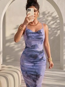 Elenzga 女士奢华晚礼服，扎染印花，垂褶领口，露背吊带裙，适合夏季穿着 - 淡紫色 - 查看 4