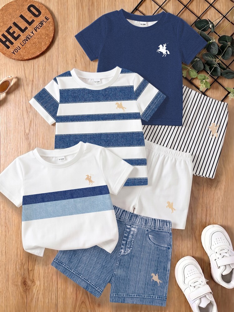 SHEIN Vintaside Kids Baby Boys 3 Pack Random Striped Colorblock Horse Print Crew Neck Short Sleeve Tee Shirt And Faux Denim Shorts Sets Summer Outfits - Multicolor - View 1