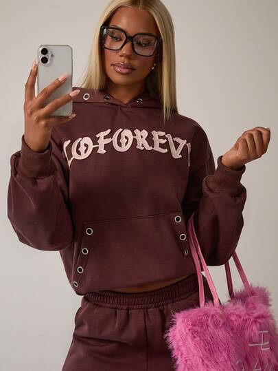 SHEIN BAE Brown Long Sleeve Hooded Loose Casual Fleece Sweatshirt, Pink Contrast Patchwork Embroidery Craft, Casual Comfortable Winter Streetwear