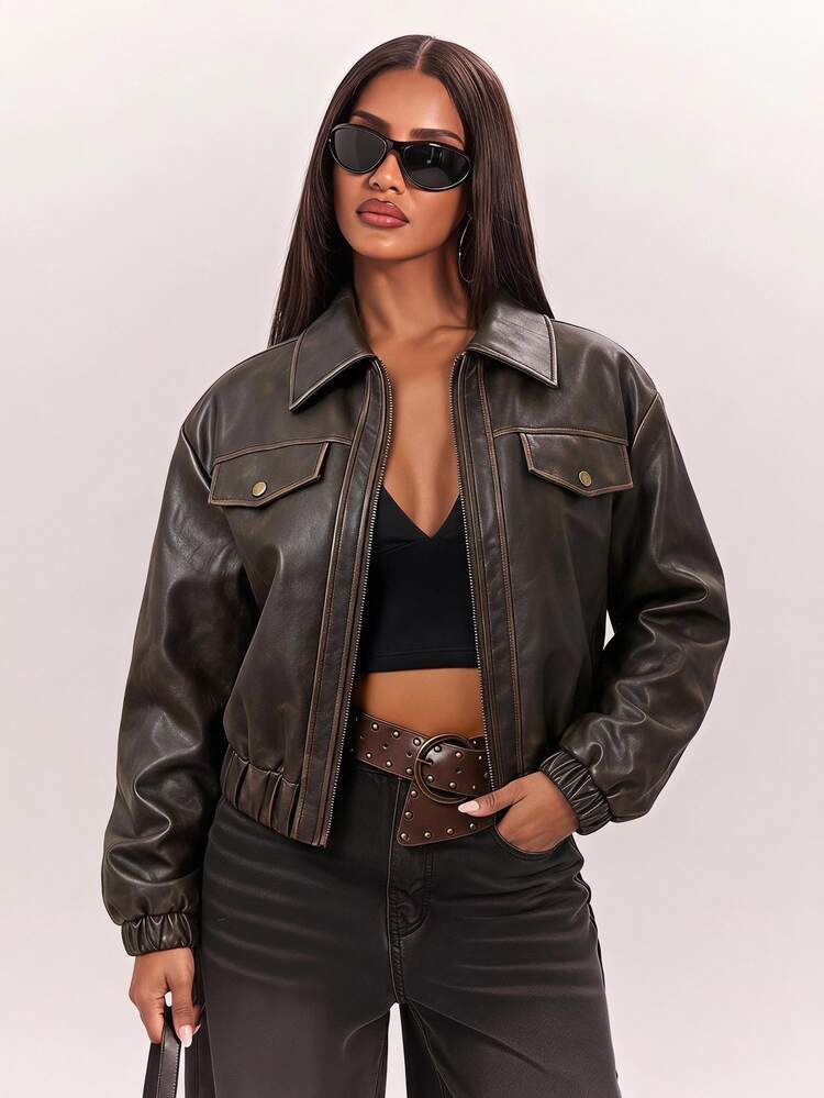 Radiana Women's Motorcycle PU Leather Jacket, Loose Fit, High-End Starry Dark Brown Vintage Casual Streetwear Washed Jacket, Autumn/Winter Season Clothing - Black - View 1