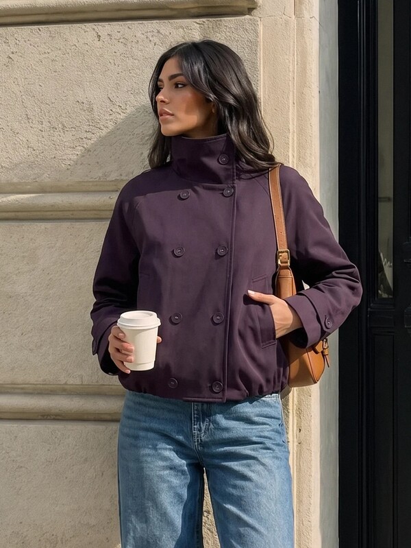 Firerie Women's Autumn/Winter Casual Streetwear Versatile Fashion New Style Commute Back-To-School Daily Wear Double-Breasted Pocket Trench Coat Short Jacket In Plum Purple