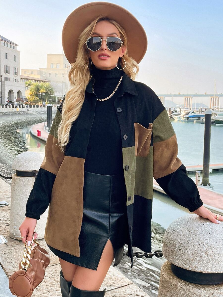 SHEIN LUNE Cut And Sew Drop Shoulder Corduroy Coat Fall Winter Cloth For Women - Multicolor - View 1