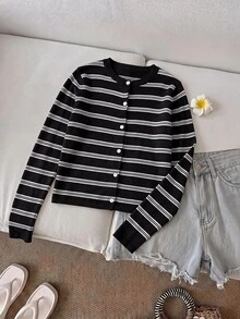 SHEIN LUNE 女款休閒法式夏日度假通勤早午餐日常基礎時尚穿搭 秋冬條紋極簡長袖針織毛衣上衣 - 黑與白 - 查看 8