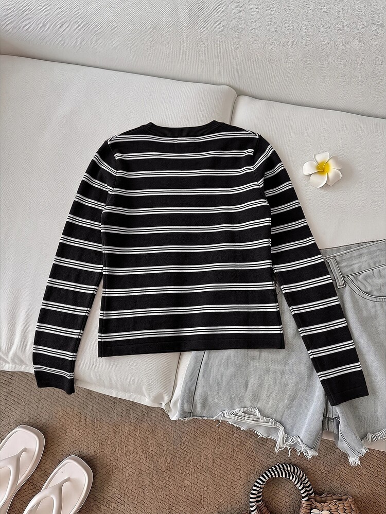 SHEIN LUNE Women's Casual French Summer Vacation Commute Brunch Daily Basic Fashion Outfit Autumn/Winter Striped Minimalist Long Sleeve Knit Sweater Top - Black and White - View 7